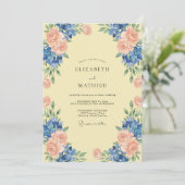 Perzik Azuur Hydrangea Eucalyptus Bruiloft Kaart (Staand voorkant)
