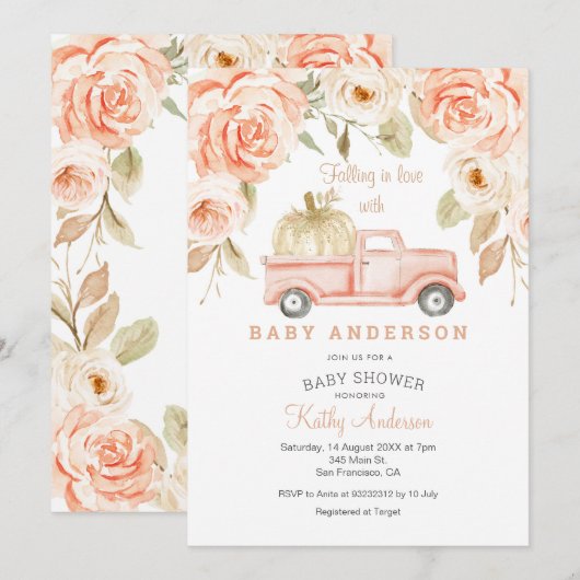 Perzik Baby Shower Uitnodiging - Verliefd Worden (Voorkant / Achterkant)