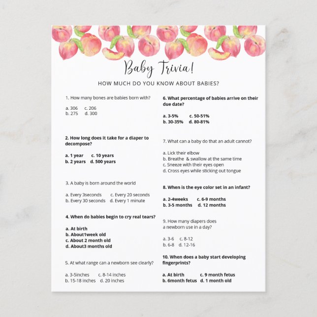 Perzik Baby Trivia | Baby Shower Spel (Voorkant)