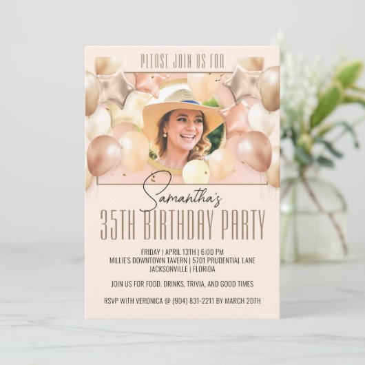 perzik ballon verjaardag partij foto uitnodiging (Staand voorkant)