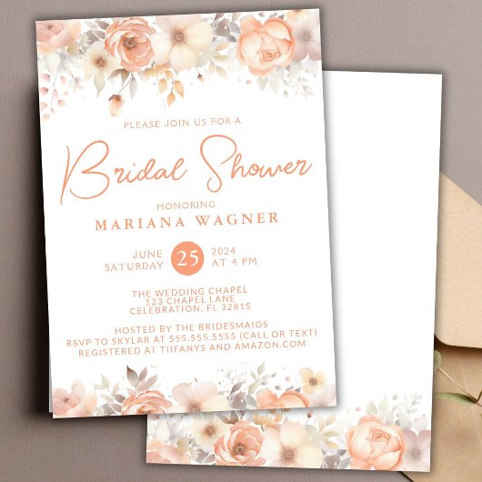 Perzik Beige Bloemen Bruidsfeest Kaart