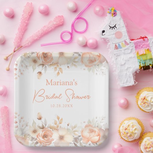 Perzik Beige Bloemen Vrijgezellenfeest Papieren Bordje (Feest)