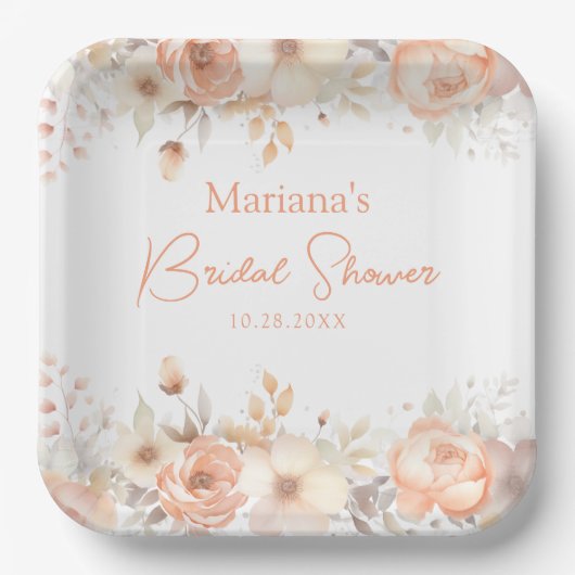 Perzik Beige Bloemen Vrijgezellenfeest Papieren Bordje (Voorkant)