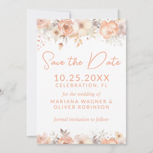 Perzik Beige Flowers op Wit Save the Date Kaart (Voorkant)