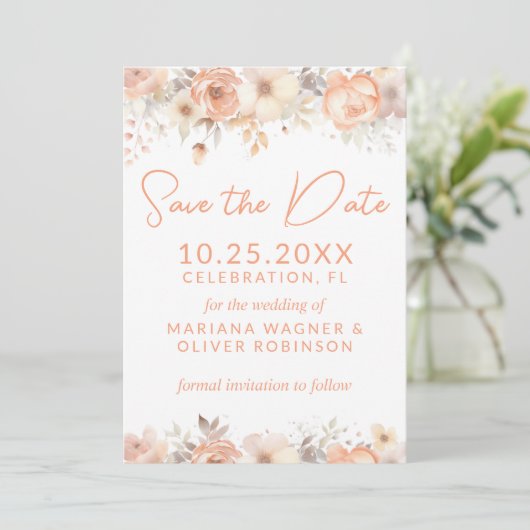 Perzik Beige Flowers op Wit Save the Date Kaart (Staand voorkant)