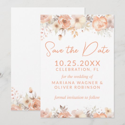 Perzik Beige Flowers op Wit Save the Date Kaart (Voorkant / Achterkant)