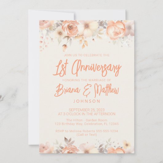 Perzik Beige Ivoor Bloemen 1e bruiloft Jubileum Kaart (Voorkant)