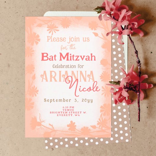 Perzik Beige Wild Flowers Polka Dots Bat Mitzvah Kaart