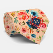 Perzik Blauw Aquarel Rozen Monogram Stropdas (Opgerold)