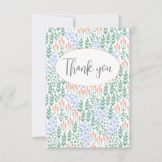 Perzik Blauw Bloem Motief Platte Bedankkaart (Voorkant)