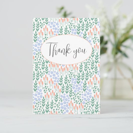 Perzik Blauw Bloem Motief Platte Bedankkaart (Staand voorkant)