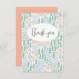 Perzik Blauw Bloem Motief Platte Bedankkaart