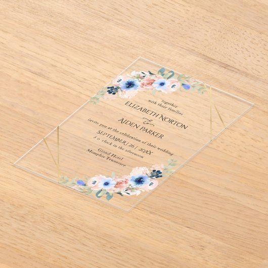 Perzik, Blauw, Bloemen bruiloft Collectie Acryl Uitnodigingen (Laagn)