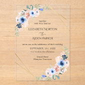 Perzik, Blauw, Bloemen bruiloft Collectie Acryl Uitnodigingen (Voorkant)