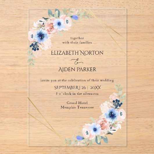 Perzik, Blauw, Bloemen bruiloft Collectie Acryl Uitnodigingen (Voorkant)