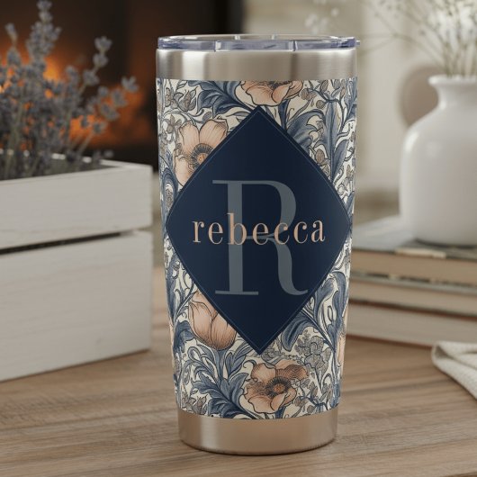 Perzik Blauw Bloemig William Morris Elegant Monogr Geïsoleerde Drinkbeker