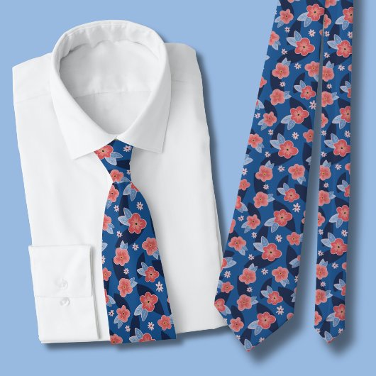 Perzik & Blauw Bloemmotief Stropdas