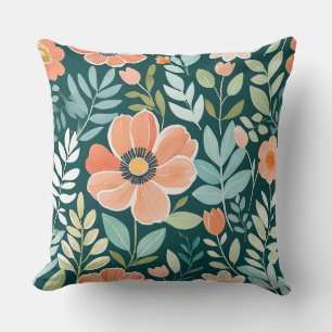 Perzik, blauw en groen Boho Whimsical Floral Kussen