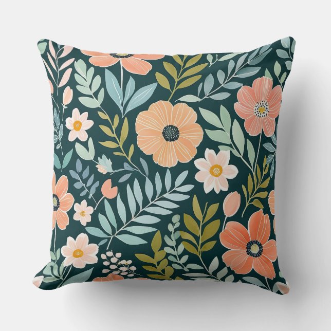 Perzik, blauw en groen Boho Whimsical Kussen (Voorkant)