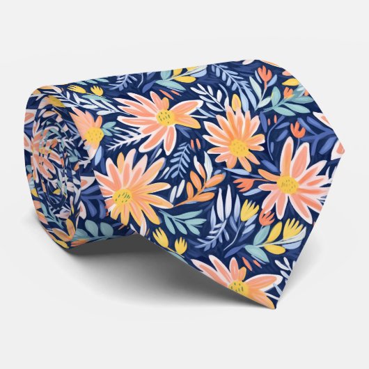 Perzik blauw folk bloemig stropdas (Opgerold)