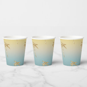 Perzik Blauw Goud Glitter Palmbomen Verjaardag Papieren Bekers