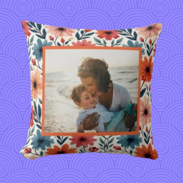 Perzik & blauw Lente bloemmotief Aangepaste foto Kussen (Creator heeft geüpload)
