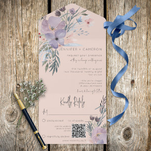 Perzik Blauw & Paars Boho Bloem Perzik QR Code All In One Uitnodiging