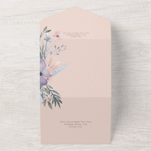 Perzik Blauw & Paarse Boho Bloemen Blush Diner All In One Uitnodiging (Buitenkant)