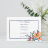 Perzik & Blauw Waterverf Bloemen Receptie Bruiloft Informatiekaartje (Staand voorkant)
