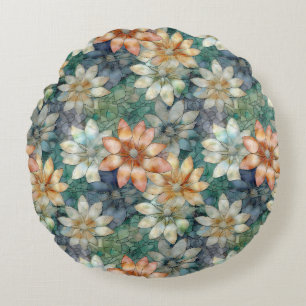 Perzik Blauw Wit Groen Bloem Rond Kussen