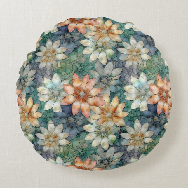 Perzik Blauw Wit Groen Bloem Rond Kussen (Voorkant)