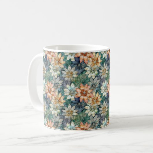 Perzik Blauw Wit Groen Bloemig Koffiemok (Voorkant links)