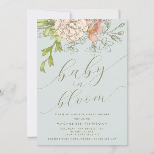 Perzik & Blauwe Bloemen Baby in Bloom Shower Kaart (Voorkant)