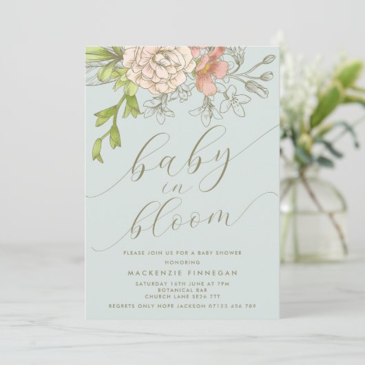  Perzik & Blauwe Bloemen Baby in Bloom Shower Kaart (Staand voorkant)