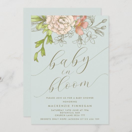 Perzik & Blauwe Bloemen Baby in Bloom Shower Kaart (Voorkant / Achterkant)