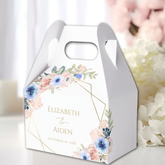 Perzik blauwe bloemen bruiloft bedankdoosjes