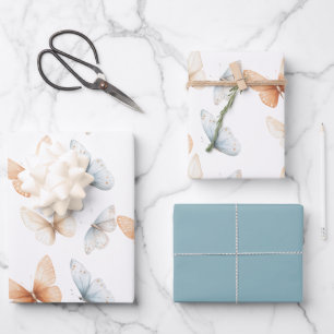 Perzik Blauwe Vlinders Baby Shower Inpakpapier Vel