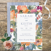 Perzik & Blauwe Waterverf Bloemen Lijst Bruiloft Kaart