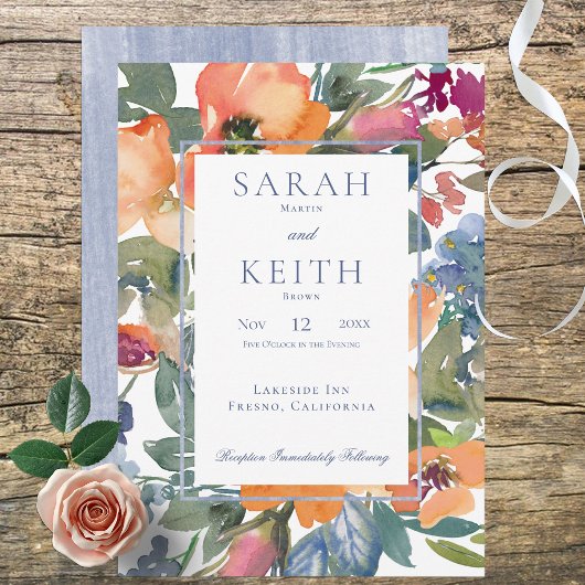 Perzik & Blauwe Waterverf Bloemen Lijst Bruiloft Kaart