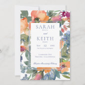 Perzik & Blauwe Waterverf Bloemen Lijst Bruiloft Kaart (Voorkant)