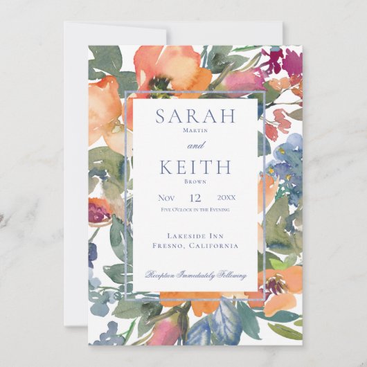 Perzik & Blauwe Waterverf Bloemen Lijst Bruiloft Kaart (Voorkant)
