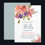 Perzik & Blauwgroen Bloemen 90th Birthday Party In Kaart<br><div class="desc">Peach & Blauwgroen Flowers 90th Birthday Party Invite Beauful Salmon Peach Paars Floral Waterverf Blauwgroen achtergrond. Zie overeenkomend collectie in niche en nestwinkel</div>