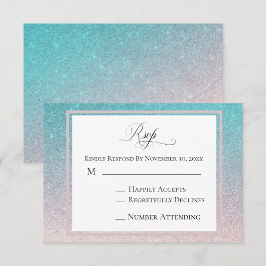 *~* Perzik + Blauwgroen Glitter Beach AR4 bruiloft RSVP Kaartje (Voorkant / Achterkant)