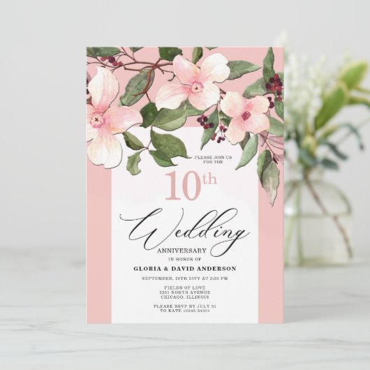 Perzik Bloem 10e Huwelijksverjaardag Uitnodiging (Staand voorkant)