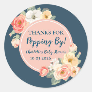 Perzik Bloem Bedankt voor Popping By Baby shower L Ronde Sticker