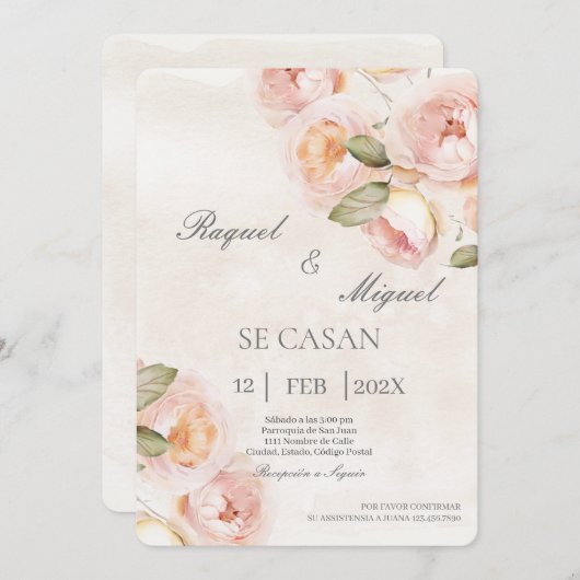 Perzik bloem beige Spaanse bruiloft uitnodiging (Voorkant / Achterkant)