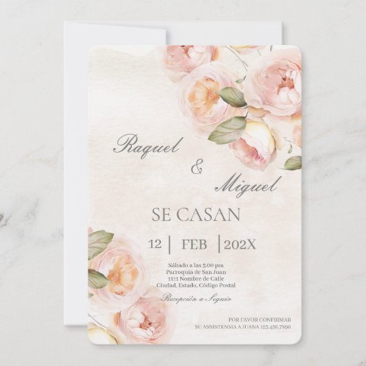 Perzik bloem beige Spaanse bruiloft uitnodiging (Voorkant)