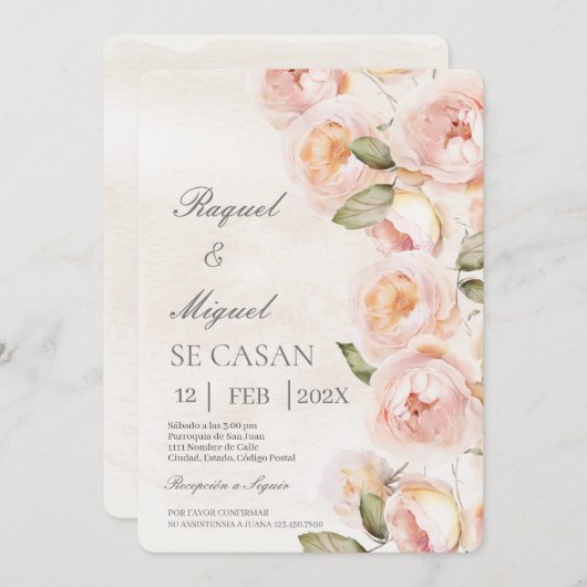 Perzik bloem beige Spaanse bruiloft uitnodiging (Voorkant / Achterkant)