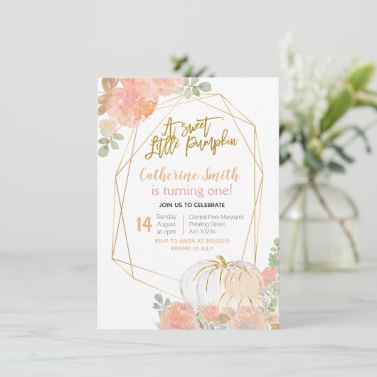 Perzik Bloem Goud Pompoen 1e Verjaardag Kaart (Staand voorkant)