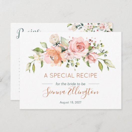 Perzik bloem & groen, bruidsbad recept briefkaart (Voorkant / Achterkant)